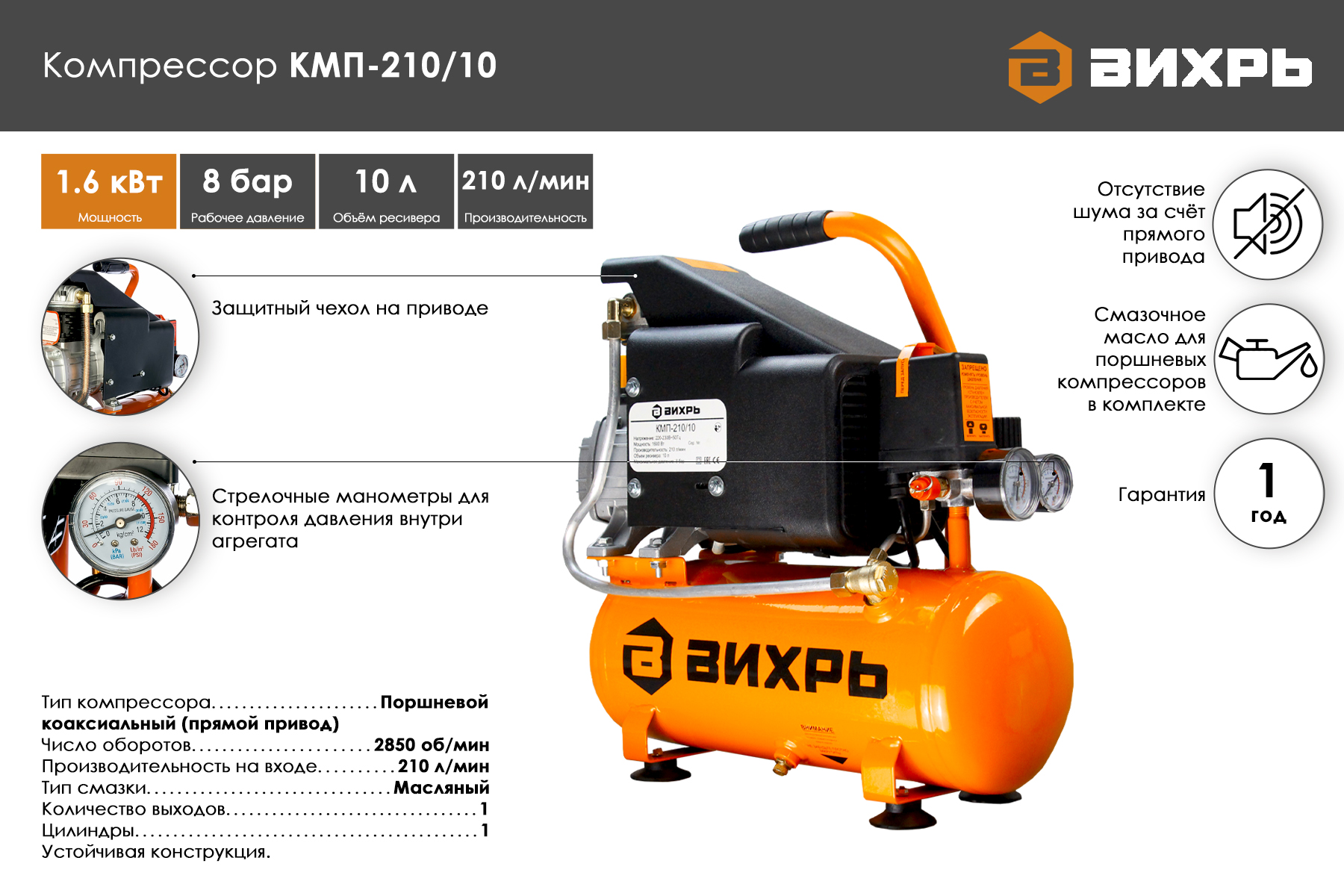 Компрессор ВИХРЬ КМП-210/10 74/3/1