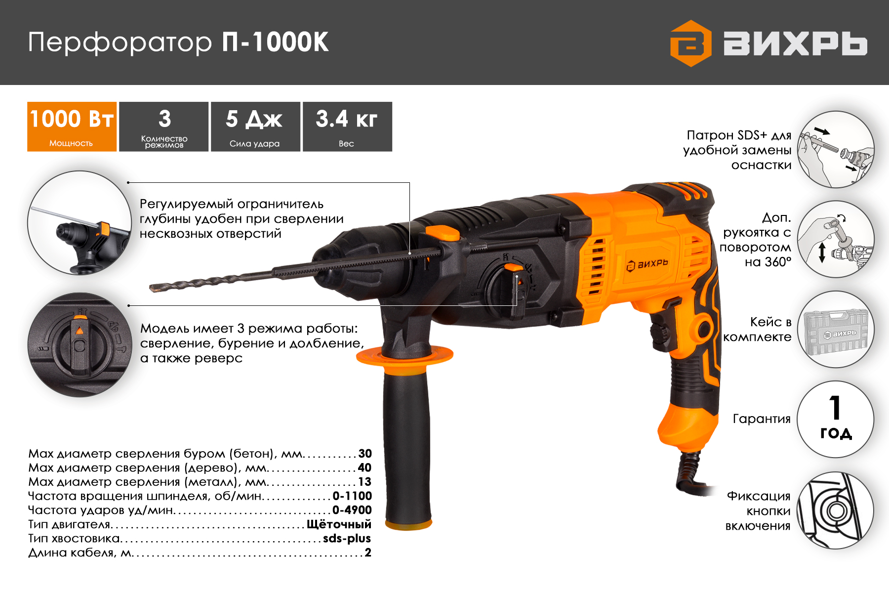 Перфоратор ВИХРЬ П-1000К