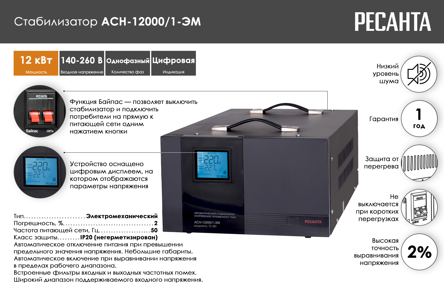 Стабилизатор Ресанта АСН-12000/1-ЭМ 63/1/17
