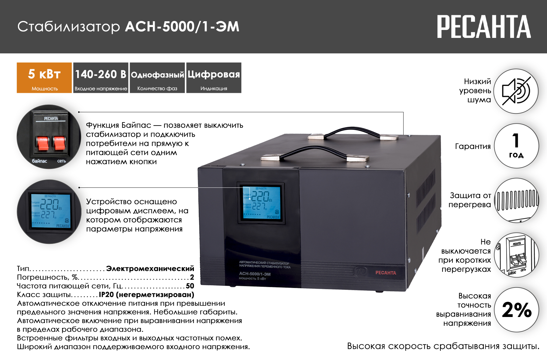 Стабилизатор Ресанта АСН-5000/1-ЭМ 63/1/6
