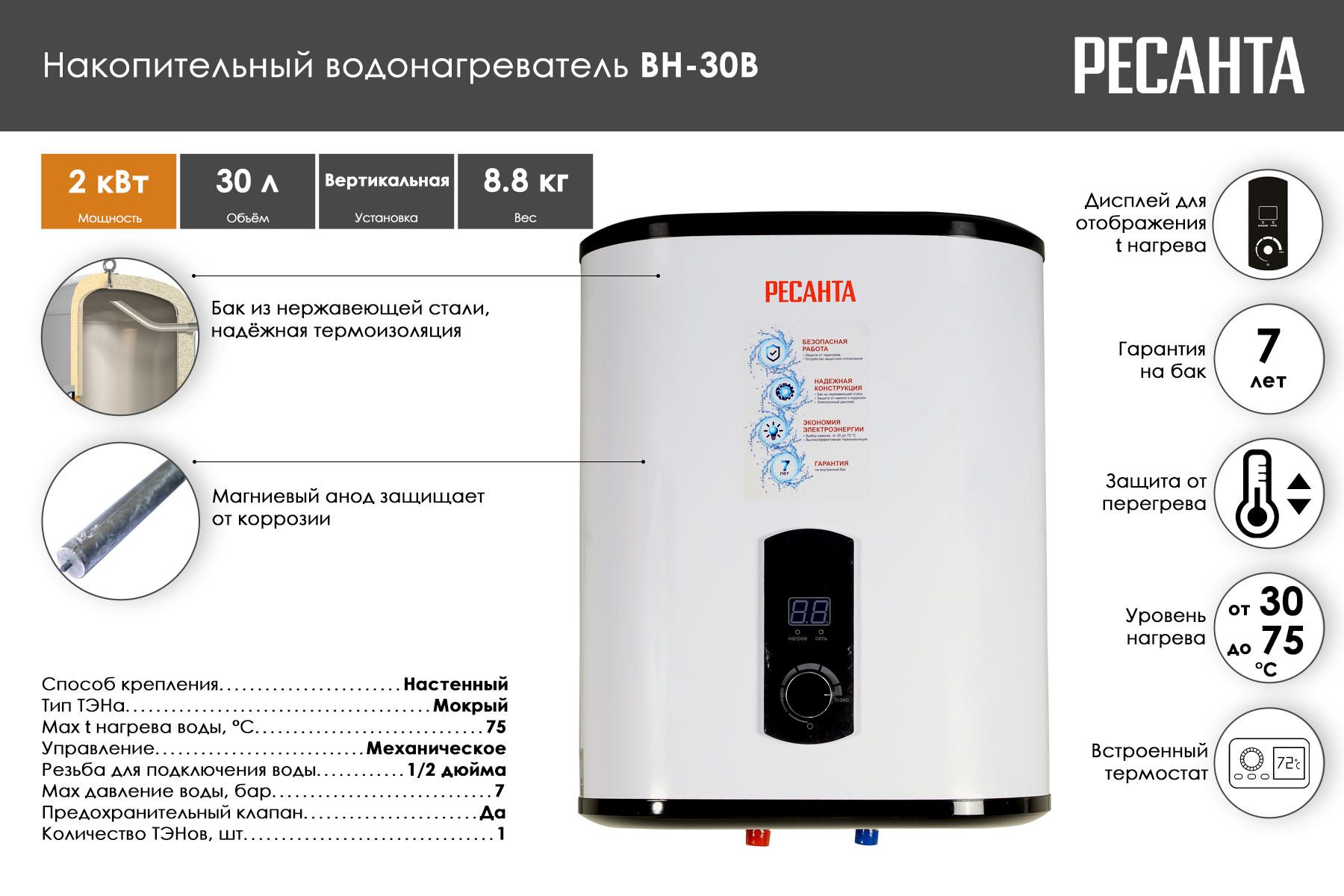 Водонагреватель накопительный Ресанта ВН-30В 74/5/1